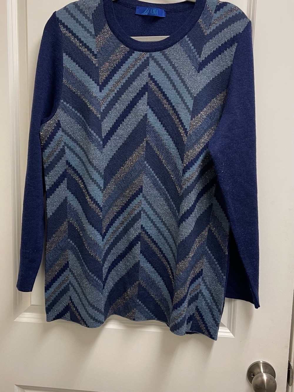 Anna Blue Chevron Metallic-Accent Crewneck Sweater made in Italy